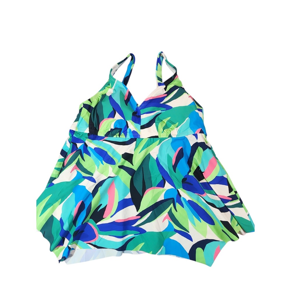 Shade & Shore Tankini Top Women XL Blue Green Tropical Handkerchief Hem